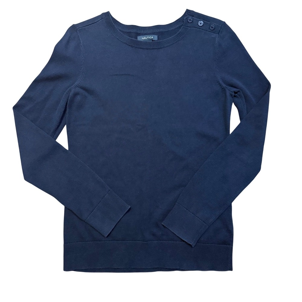 Nautica Womens Navy Blue Cotton Crew Neck Button Shoulder Sweater Size S